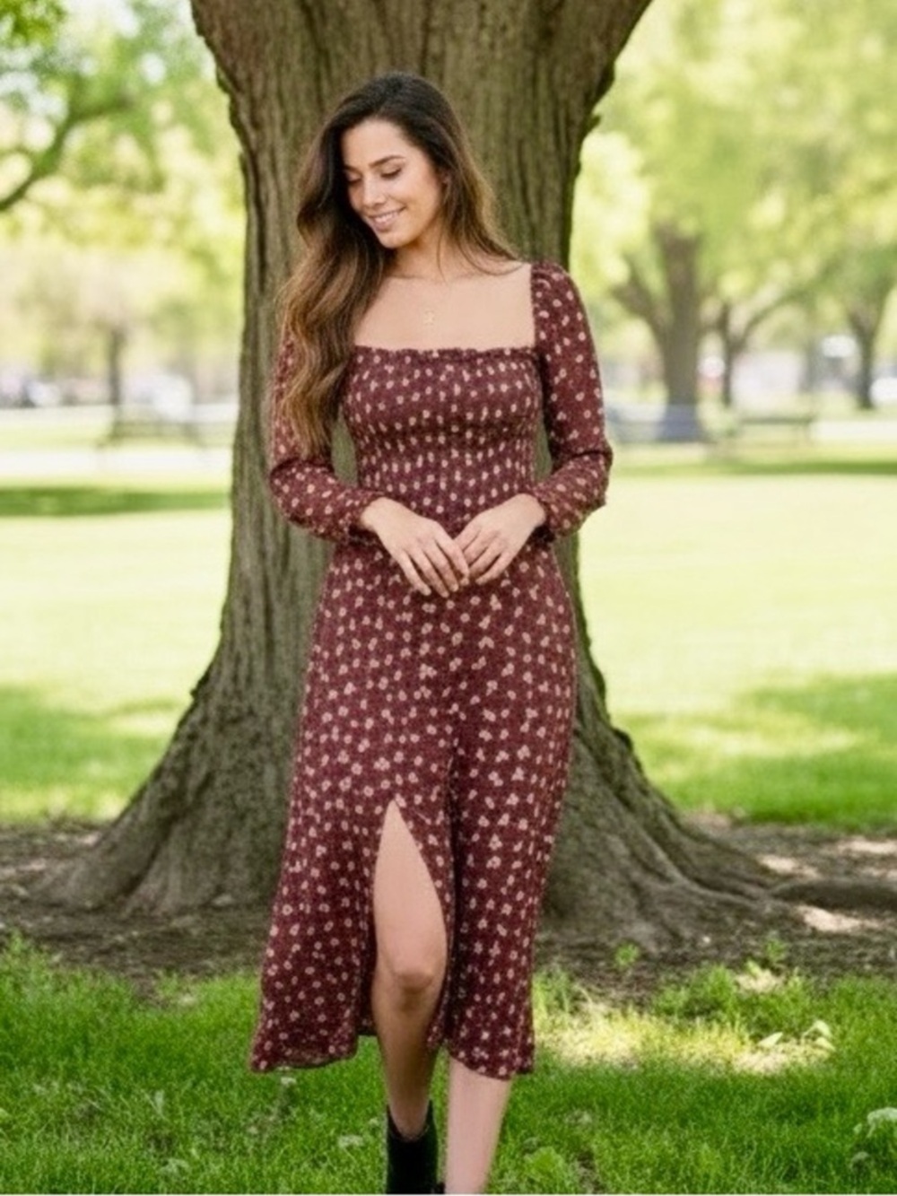SHEIN Floral Ditsy Smocked Square-Neck Midi Dress - Picture 8 of 11